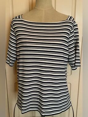 L.L. Bean Blue White Striped Shirt Top-Boat Neck-Short Sleeve-100% Cotton-PXL